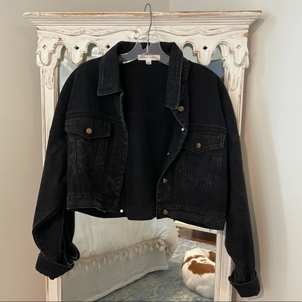 Honey Punch Distressed black denim jacket with brass buttons